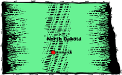 North Dakota woodcut map showing location of Bismarck
